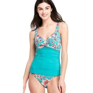 Lands’ End 2-PC Swimsuit Bathing Women's 12 Tankini/Bikini Teal Coral Tropical